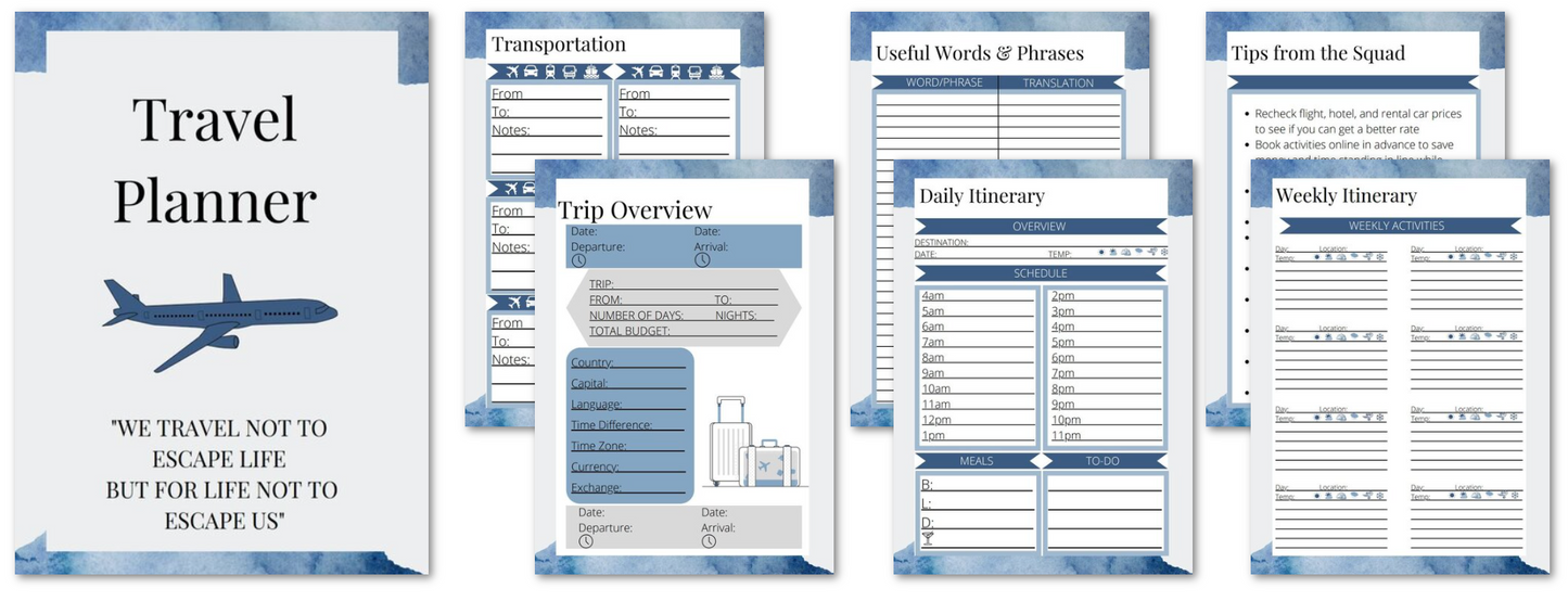 Travel Itinerary Planner (multiple colors)