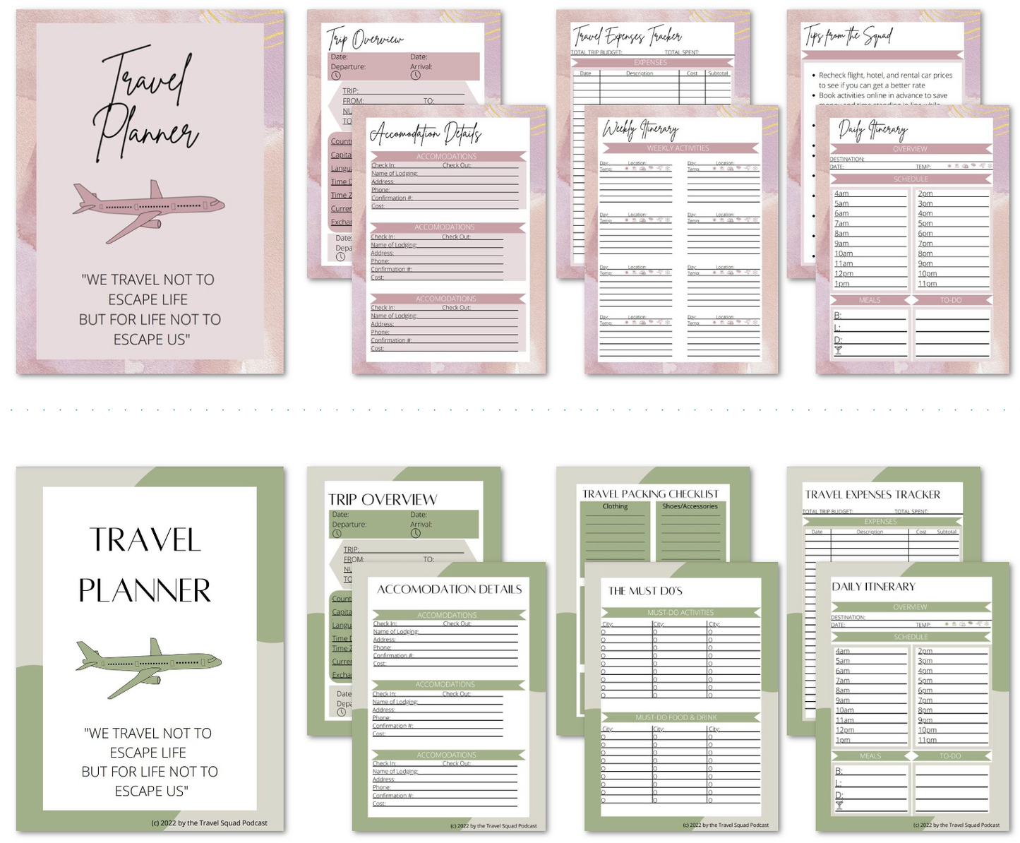 Travel Itinerary Planner (multiple colors)